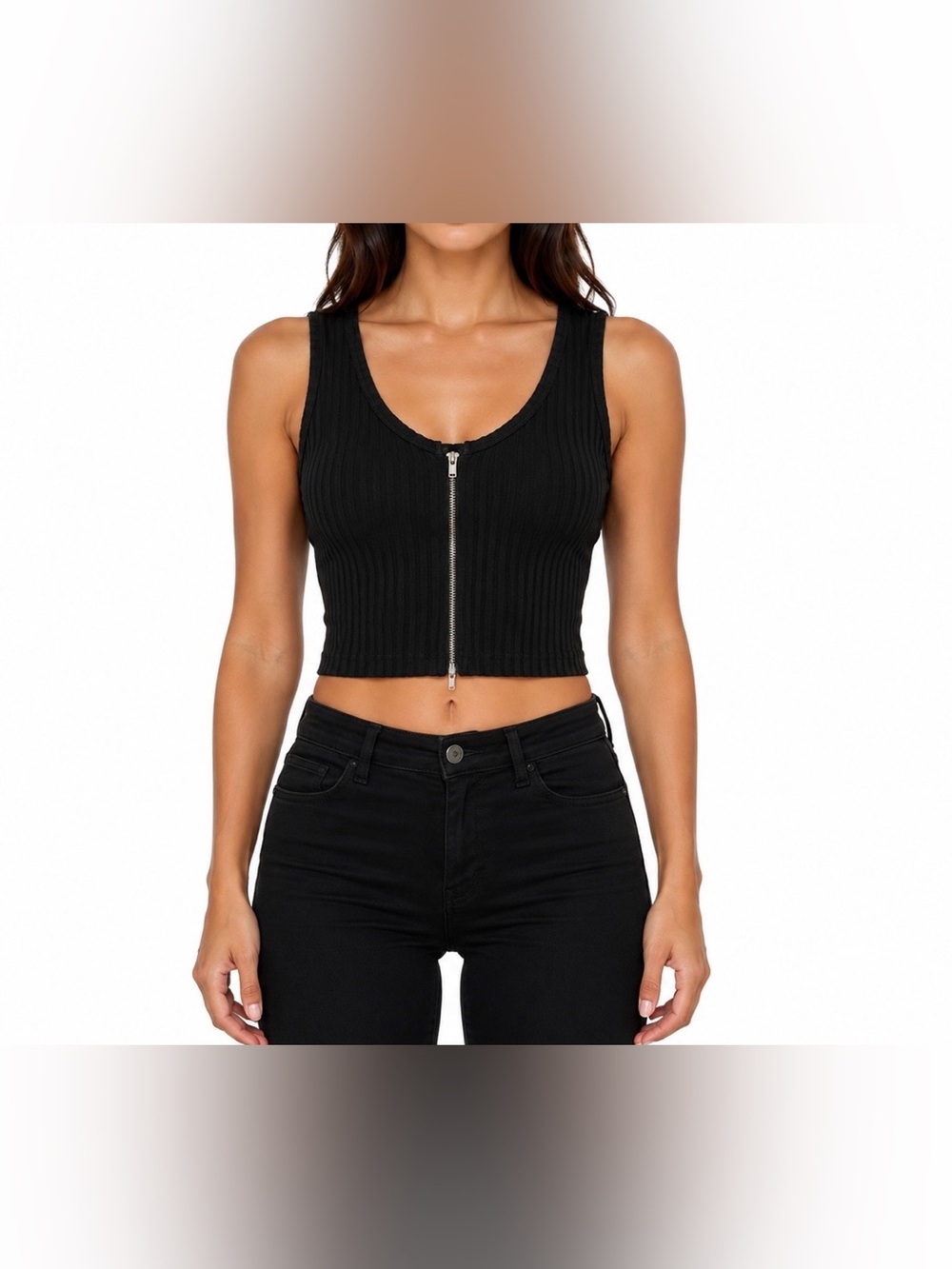 Say What? Black Ribbed Zip Front Crop Top Size S